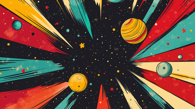 Pop art concept cosmic scene poster background. Colorful background in pop art retro comic style.