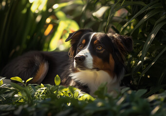 Autralian sheppard seduto in giardino