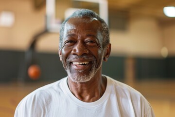 Fototapeta premium Smiling portrait of a senior African American man in basketball gym