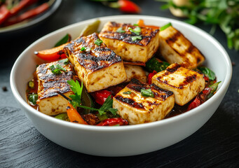 Tofu grigliato e verdure saltate. Ricette vegane. Cena veloce e sana