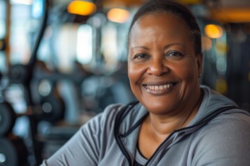 Naklejka premium Smiling portrait of a middle aged slightly overweight black woman in gym