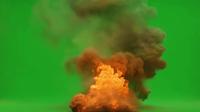 A dynamic video showing a dense, orange explosion of smoke against a green screen background. The vibrant contrast is ideal for visual effects, enabling easy isolation 