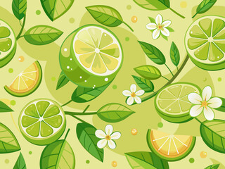 Cartoon limes. Sour lime slices, blossom and leaves on branches. Green citrus fruit seamless texture patterns vector illustration set. Juicy ingredient for drink, lemonade or mojito
