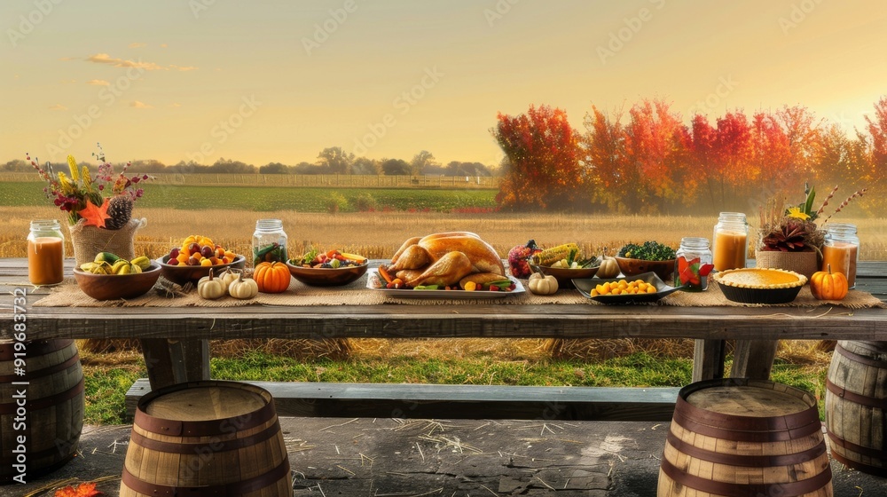 Wall mural Family praying holding hands at Thanksgiving table. Flat-lay of feasting peoples hands over