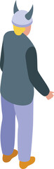 Man wearing viking hat is walking away, back view, 3d isometric icon