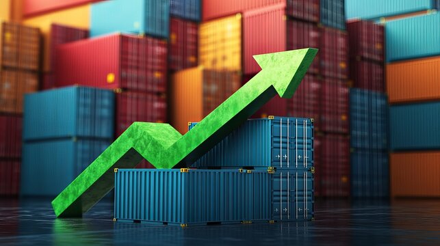 Shipping containers with an upward green arrow indicating increased transportation volumes income growth rising imports and exports and economic development
