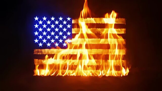 The American flag, on fire on a black background, Flames and smoke move smoothly, creating a powerful and energetic symbol