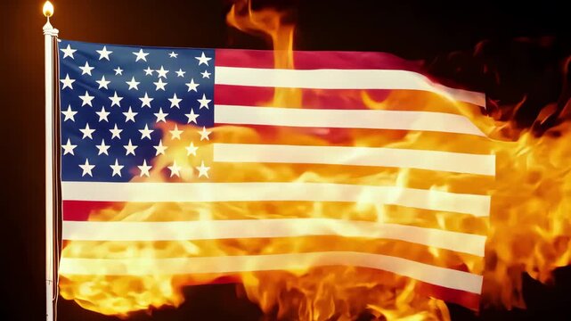 The American flag, on fire on a black background, Flames and smoke move smoothly, creating a powerful and energetic symbol.