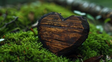 Forest dig cemetery, funeral background - Closeup of wooden heart on moss. Natural burial grave in the woods. Tree burial