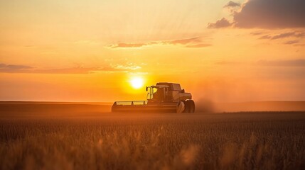 Fototapeta premium A tractor harvesting wheat in a golden field during a beautiful sunset