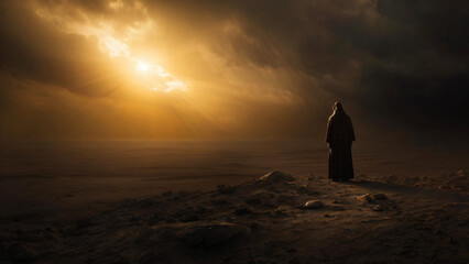Silhouette of Jesus on the mountain meditating, praying, light in the clouds, isolated background for text