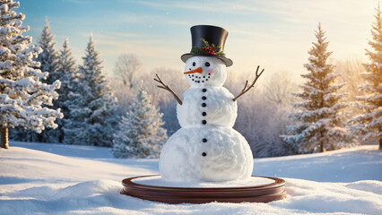 Obraz premium Christmas snowman product display podium in the snow, Xmas product stand with product presentation space in a winter wonderland, Christmas scenery, Snow man podium with presentation space, ad, podium 