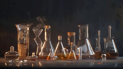 An assortment of laboratory glassware, including beakers, flasks, and a graduated cylinder, filled with amber liquid. The experiment is set against a dark, textured backdrop.