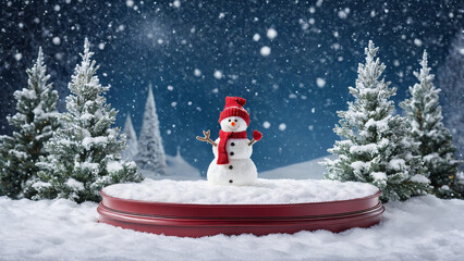 Fototapeta premium Christmas snowman product display podium in the snow, Xmas product stand with product presentation space in a winter wonderland, Christmas scenery, Snow man podium with presentation space, ad, podium 