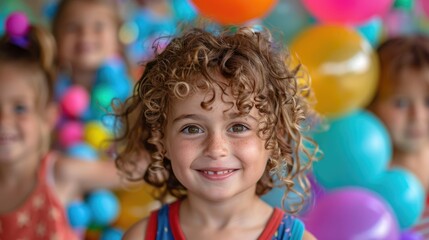 A young girl with curly hair smiles at the camera surrounded by colorful balloons and other children.