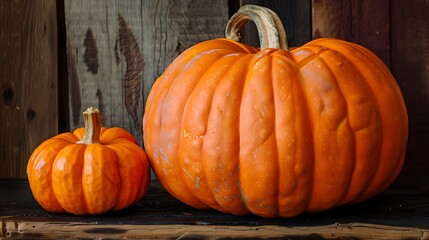 A big orange pumpkin carved into a two smaller ones on a table with a dark wood grain pattern decoration for halloween celebration