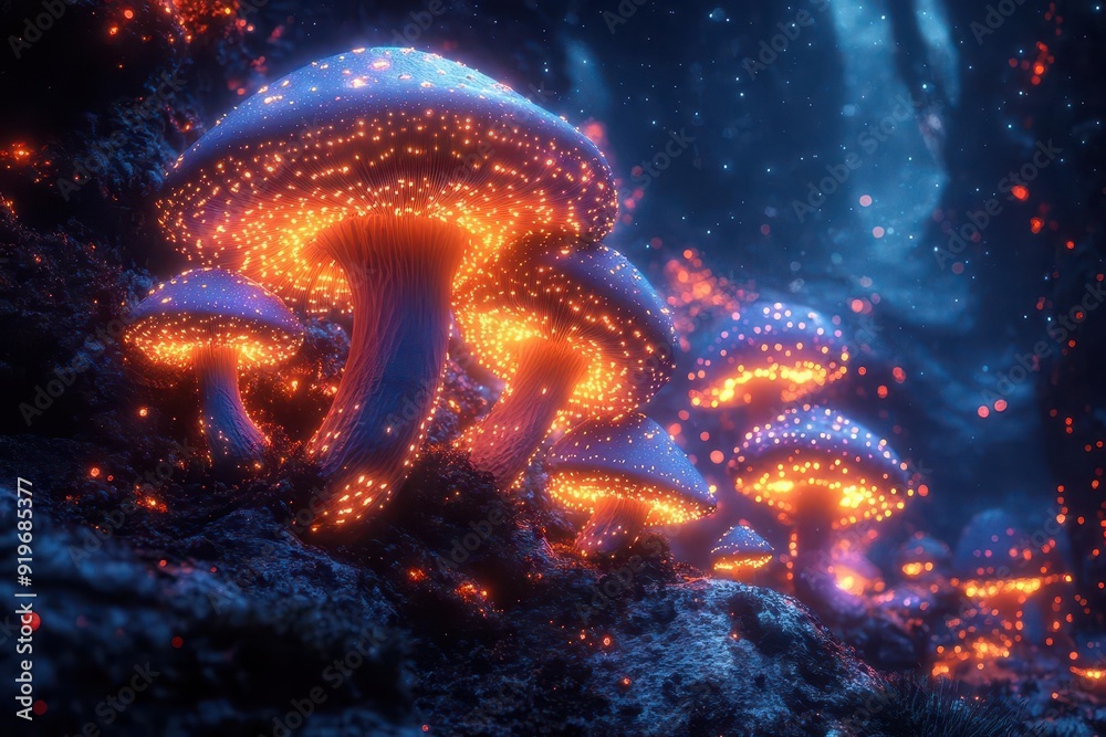 Wall mural psychedelic dreamscape with luminous mushrooms swirling fractal patterns vibrant colors merging into