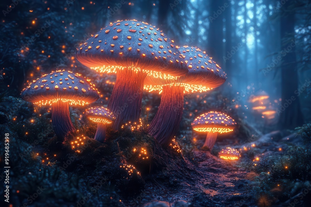 Wall mural psychedelic dreamscape with luminous mushrooms swirling fractal patterns vibrant colors merging into