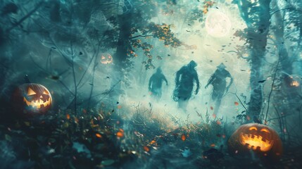 Three figures walk through a misty forest, lit by a full moon, with jack-o-lanterns scattered around, creating a spooky and atmospheric scene.