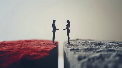Two figures, one male and one female, stand on opposite sides of a chasm, reaching out to each other, symbolizing overcoming differences, unity, connection, and acceptance.