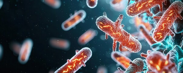 Bacteria under microscope, mutation patterns, dark background, glowing bio-lights