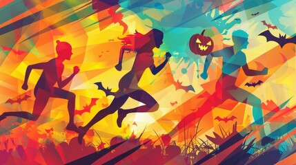 Three runners in silhouette against a vibrant abstract background with Halloween elements, symbolizing fitness, fun, and spooky season.
