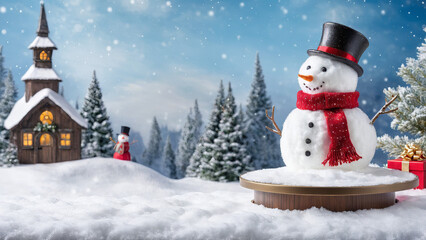 Naklejka premium Christmas snowman product display podium in the snow, Xmas product stand with product presentation space in a winter wonderland, Christmas scenery, Snow man podium with presentation space, ad, podium 