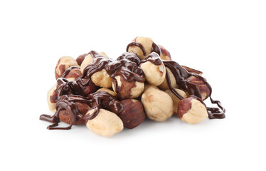 Hazelnuts with melted chocolate isolated on white