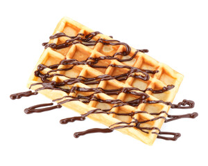 Delicious Belgian waffle with melted chocolate isolated on white, top view