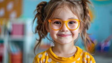 A young girl with pigtails and yellow glasses smiles at the camera. She is wearing a yellow shirt and is in a brightly colored room.