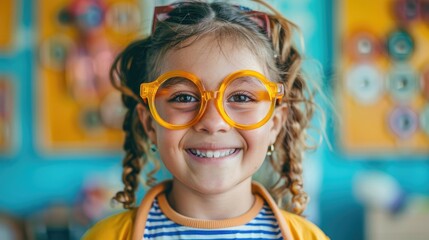 A young girl with pigtails smiles brightly while wearing oversized yellow glasses.