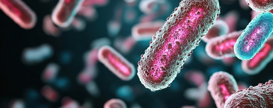 Bacteria under microscope, mutation patterns, dark background, glowing bio-lights