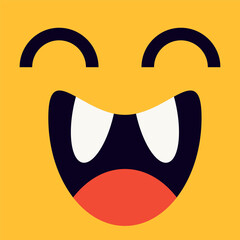 Smiling emoji with open mouth and two teeth smiley. Yellow happy emoticon monster face. Vector avatar illustration  for halloween and kids party