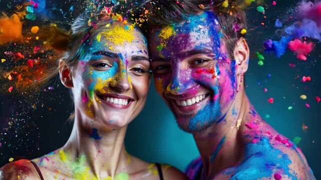 A couple covered in colorful paint smiles at each other, love chemistry, burst of emotions concept