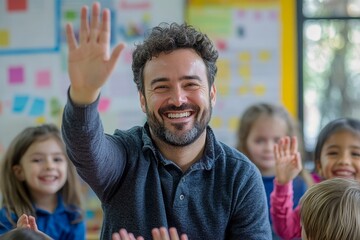 Fototapeta premium Elementary school fun. Teacher playing with his students in a classroom, Generative AI