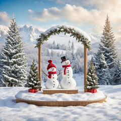 Obraz premium Christmas snowman product display podium in the snow, Xmas product stand with product presentation space in a winter wonderland, Christmas scenery, Snow man podium with presentation space, ad, podium 