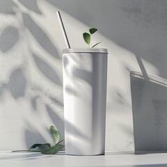 White Tumbler with Straw and Leaves