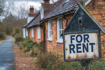 Obraz premium Rustic For Rent Sign Outside Charming Countryside Cottage