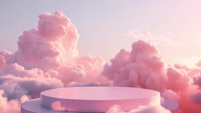 Soft pink clouds envelop a circular platform as the sun rises, creating a tranquil and ethereal atmosphere in the sky