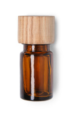 Bottle of essential oil isolated on white, top view
