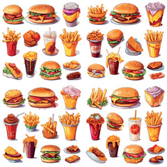 Different types of fast food isolated on white background