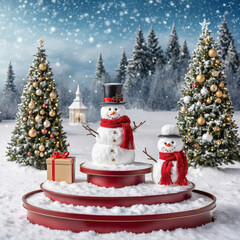 Obraz premium Christmas snowman product display podium in the snow, Xmas product stand with product presentation space in a winter wonderland, Christmas scenery, Snow man podium with presentation space, ad, podium 