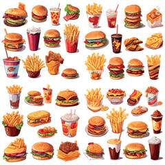 Different types of fast food isolated on white background