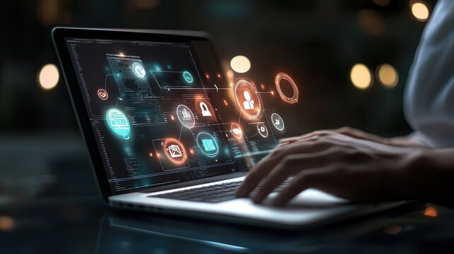 A person is typing on a laptop with a screen that has a lot of different icons