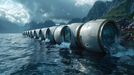 Futuristic Water Pipes in a Mountainous Landscape