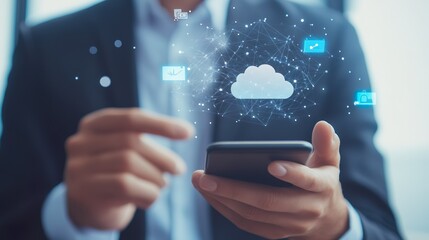 A man is holding a cell phone and pointing at a cloud