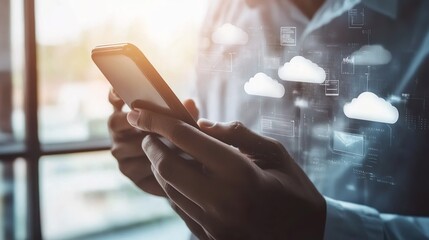 A person is holding a cell phone and looking at a screen with clouds on it