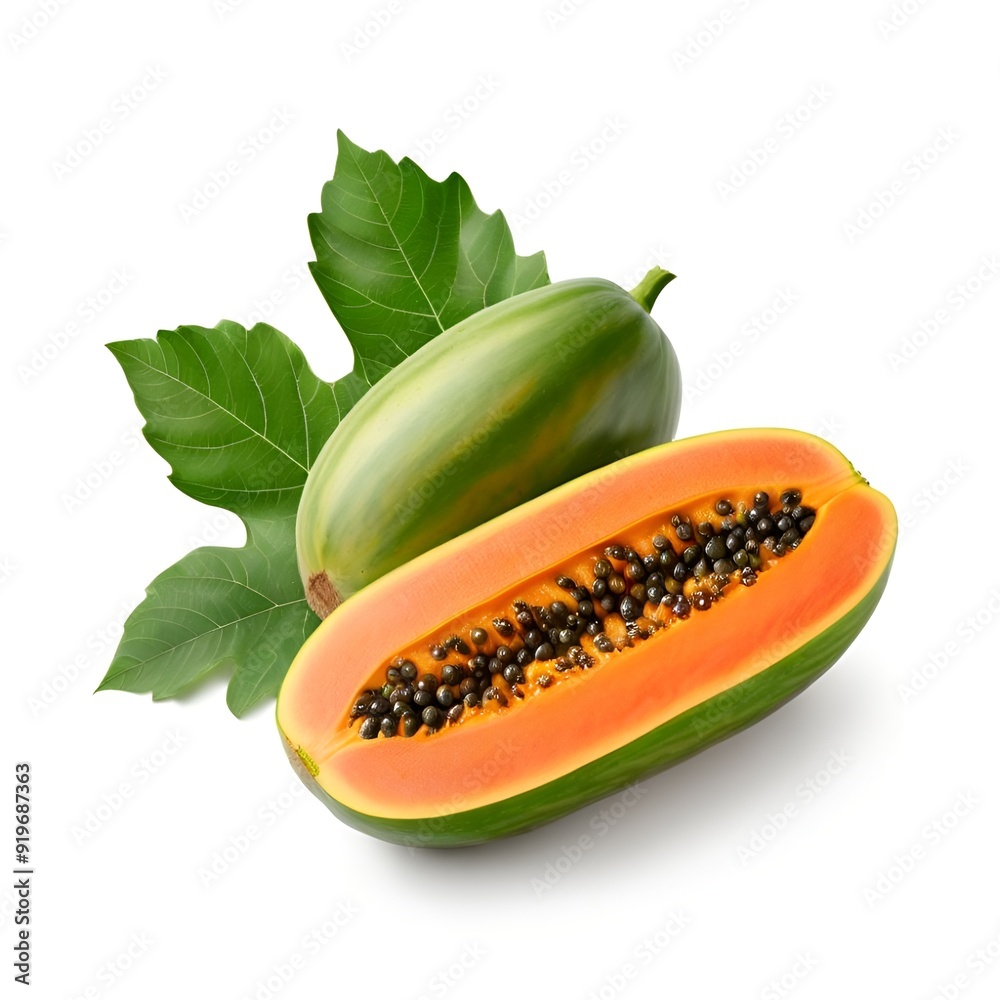 Sticker  papaya-fruit-isolated-on-white-papaya-whole-half-slice-leaves-on-transparent-background