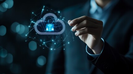 A man is holding a cloud with a blue lock on it