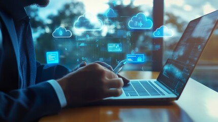 A man is typing on a laptop with a blue screen that has clouds and other symbols